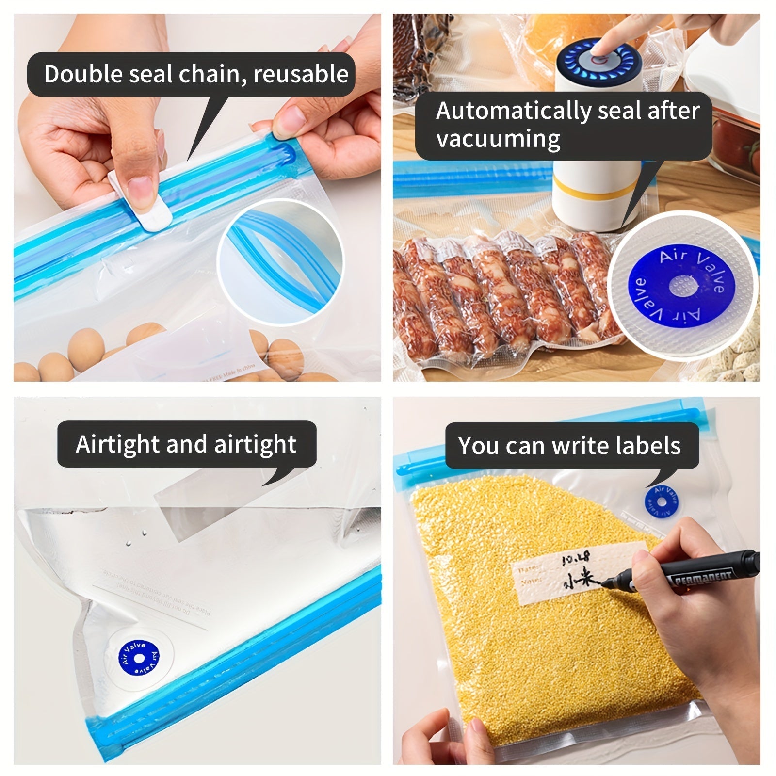 Set of 14 Reusable Food Vacuum Storage Bags in 3 Sizes for Meal Prep