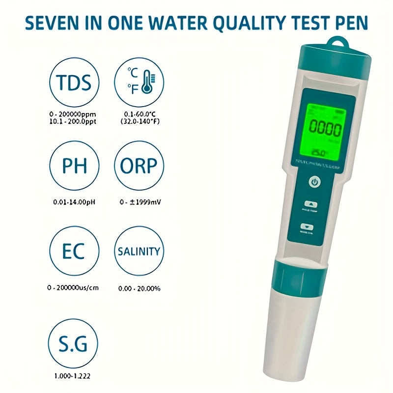Water Quality Tester Pen with 7 Functions TDS pH ORP EC Temperature Salinity Specific Gravity LCD Backlight