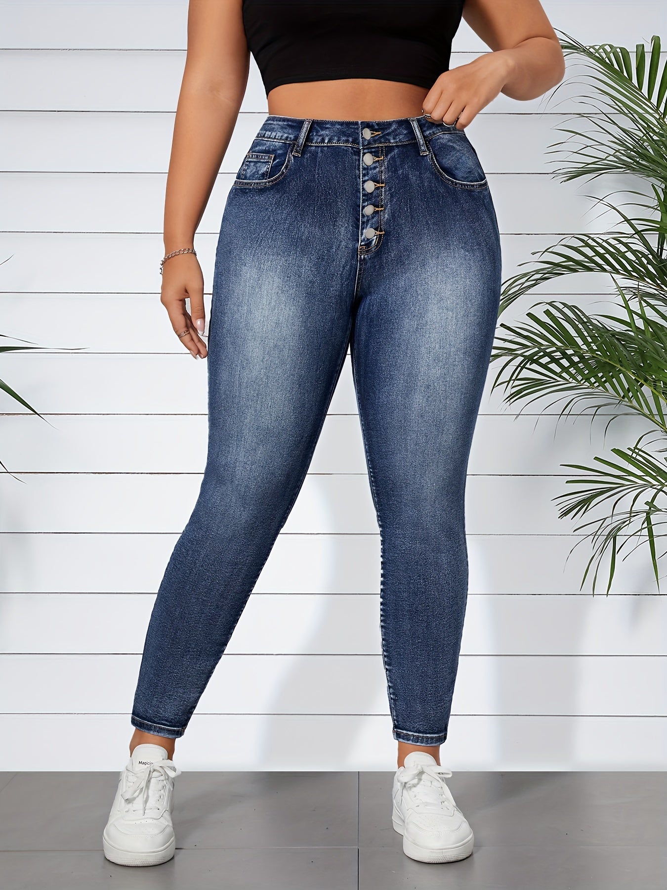 Women's High-Waisted Blue Denim Jeans with Button Fly Streetwear Style