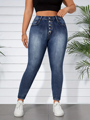 Women's High-Waisted Blue Denim Jeans with Button Fly Streetwear Style
