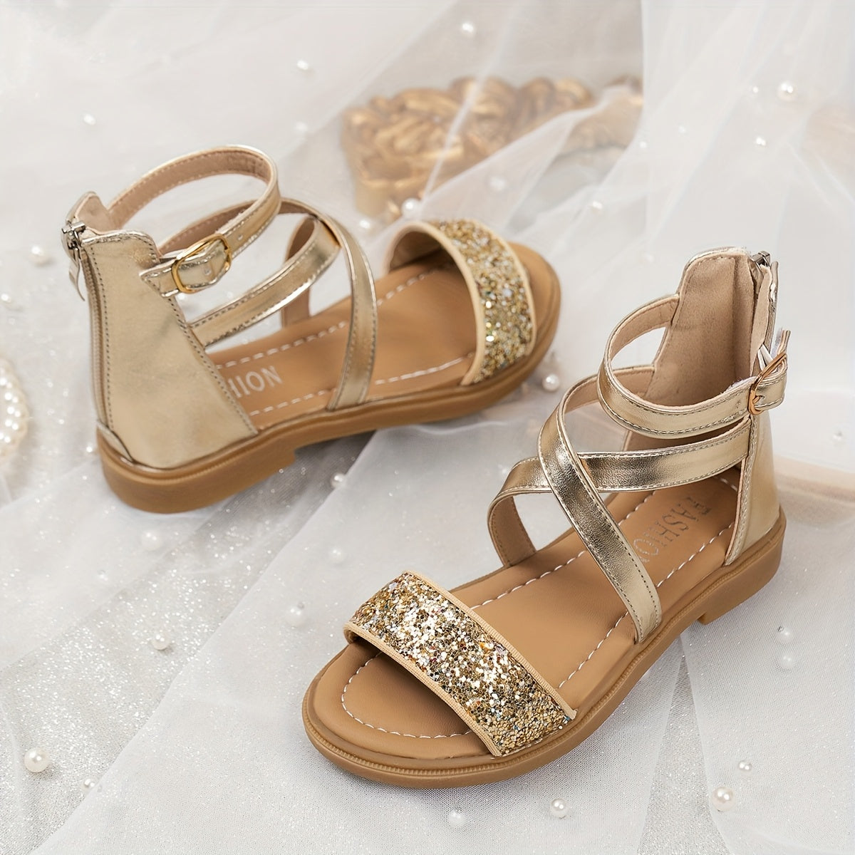 Girls' Glitter Stripes Roman Sandals with Ankle Strap and TPR Sole