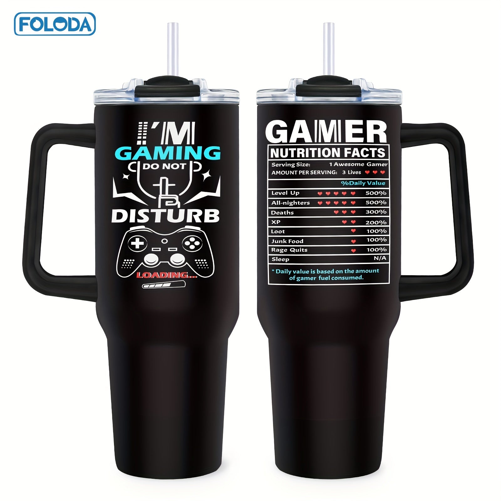 40oz Stainless Steel Tumbler with Gaming Controller Design, Handle, Lid, Straw