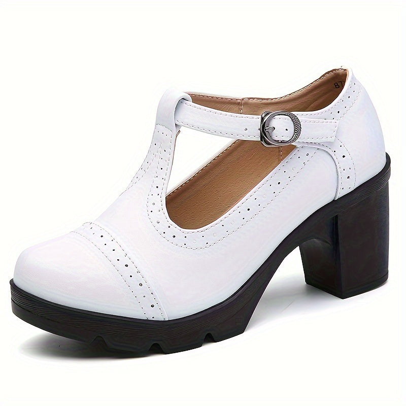 Women's T-Strap Chunky Heels Retro Buckle Oxford Pumps for Office