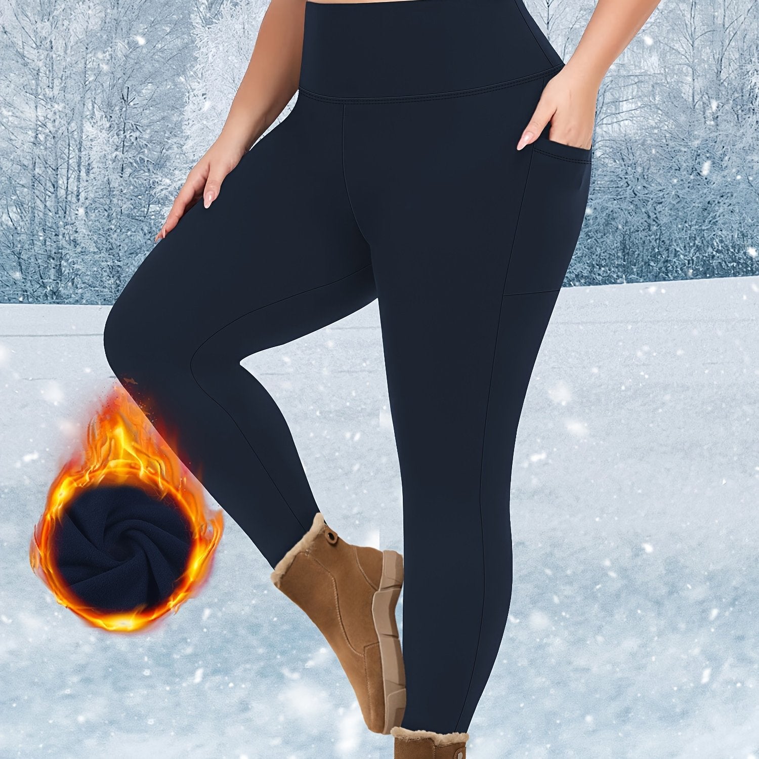 Plus Size Warm Plush Lined High Waist Leggings With Pockets for Women