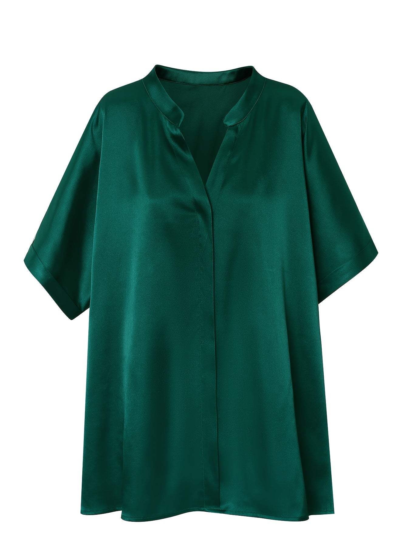 Plus o'lcham satindan tayyorlangan ayollar uchun ko'ylak, V-yonoq, qisqa qo'lli, yengil pushti, kundalik, bahor yoz