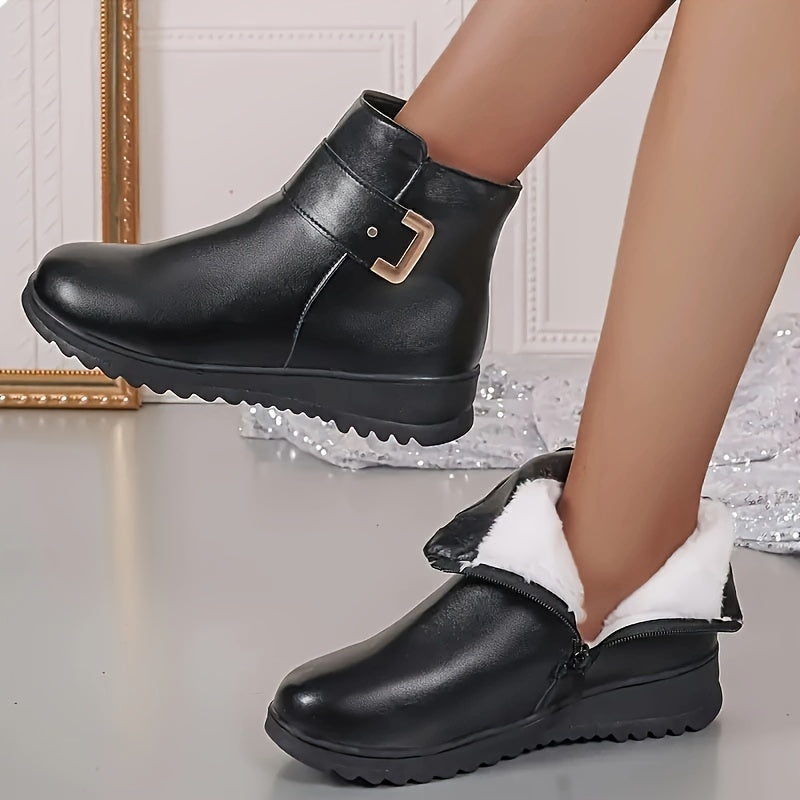 Women's Fleece-Lined Short Boots Thickened Regular Toe Winter Shoes