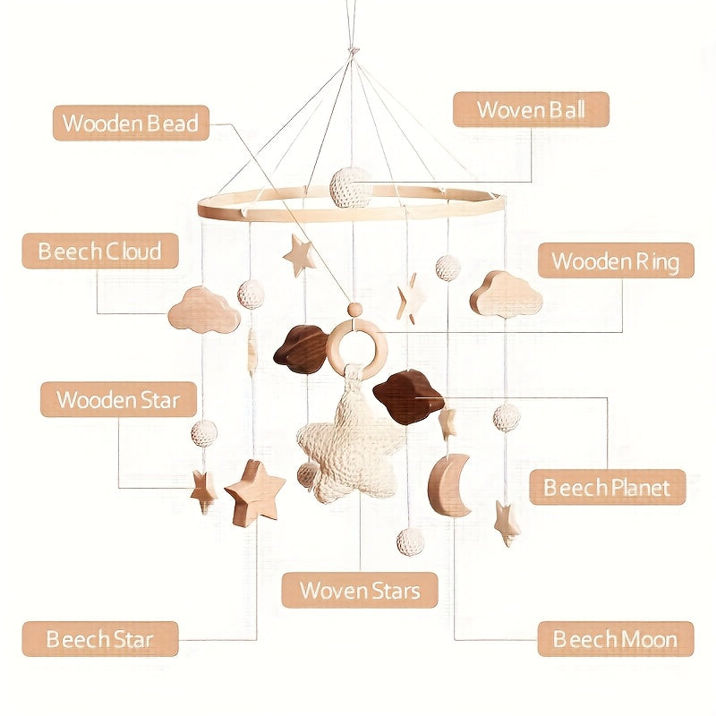 Yulduzlar bilan qo'l bilan to'qilgan yog'och to'siq qo'ng'irog'i, bolalar to'sig'i yoki aravachalar uchun mukammal.