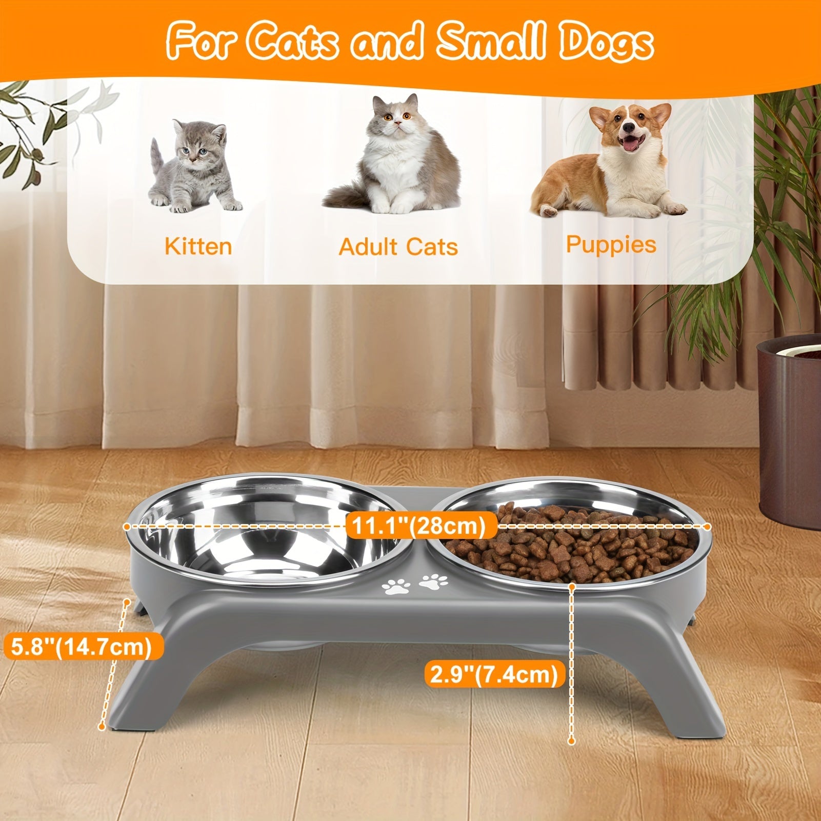 Elevated Cat Bowls with Stainless Steel Dual Bowls Non-Slip Feet Ergonomic Design