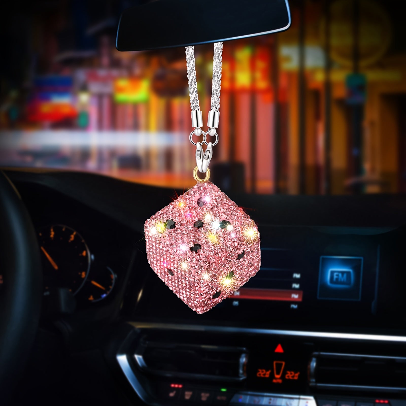 Unisex Stainless Steel Rhinestone Dice Car Rearview Mirror Pendant Auto Accessory