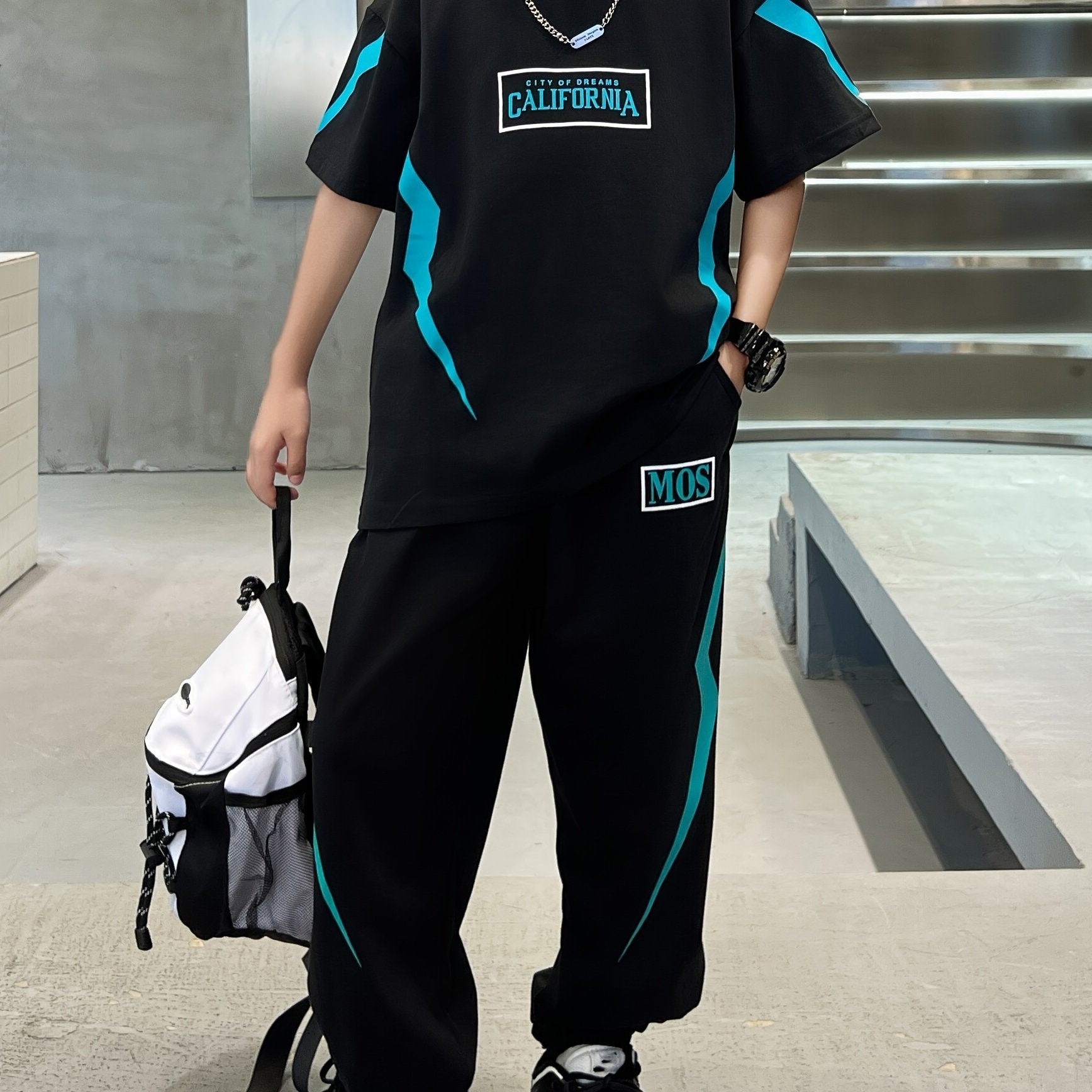 Boys' Medium-Large Sports Suit with Lightning Print Short Sleeve Long Pants Spring Summer Casual