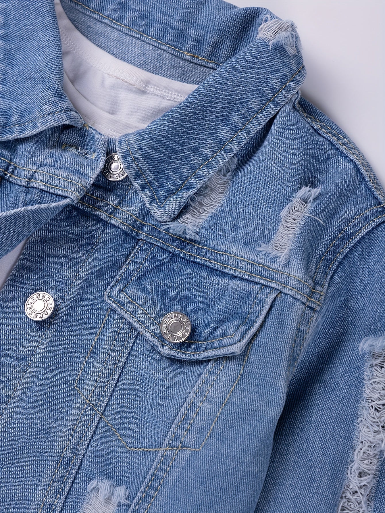 Girls Ripped Denim Set with Long-Sleeve Jacket and Skirt for Outdoor Wear