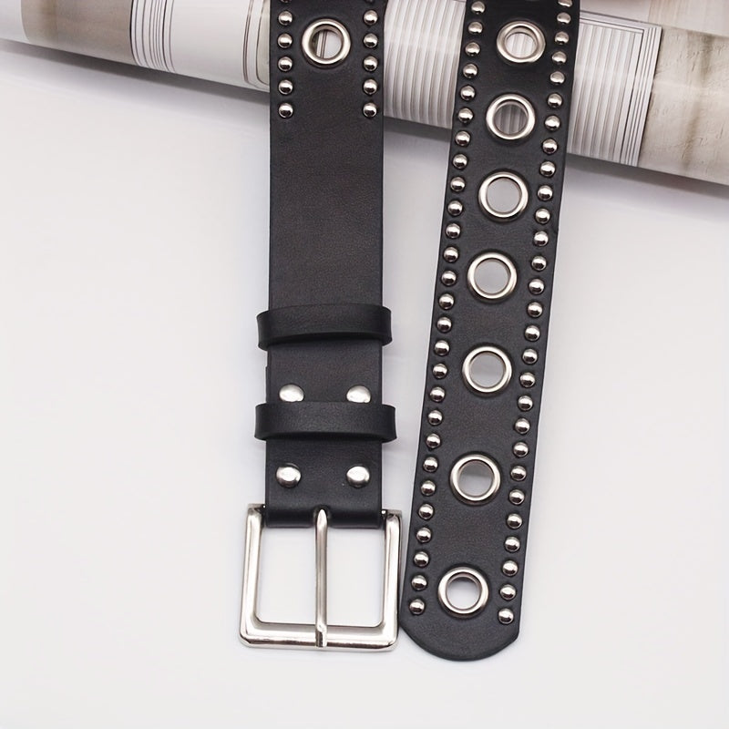 Unisex Black PU Belt with Punk Eyelet Rivets and Studs for Jeans and Pants