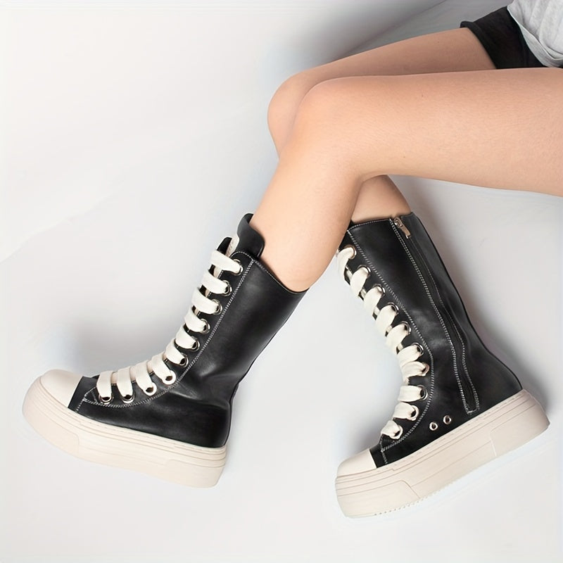 Women's Knee High Boots Solid Color Round Toe Platform Lace-Up Boots