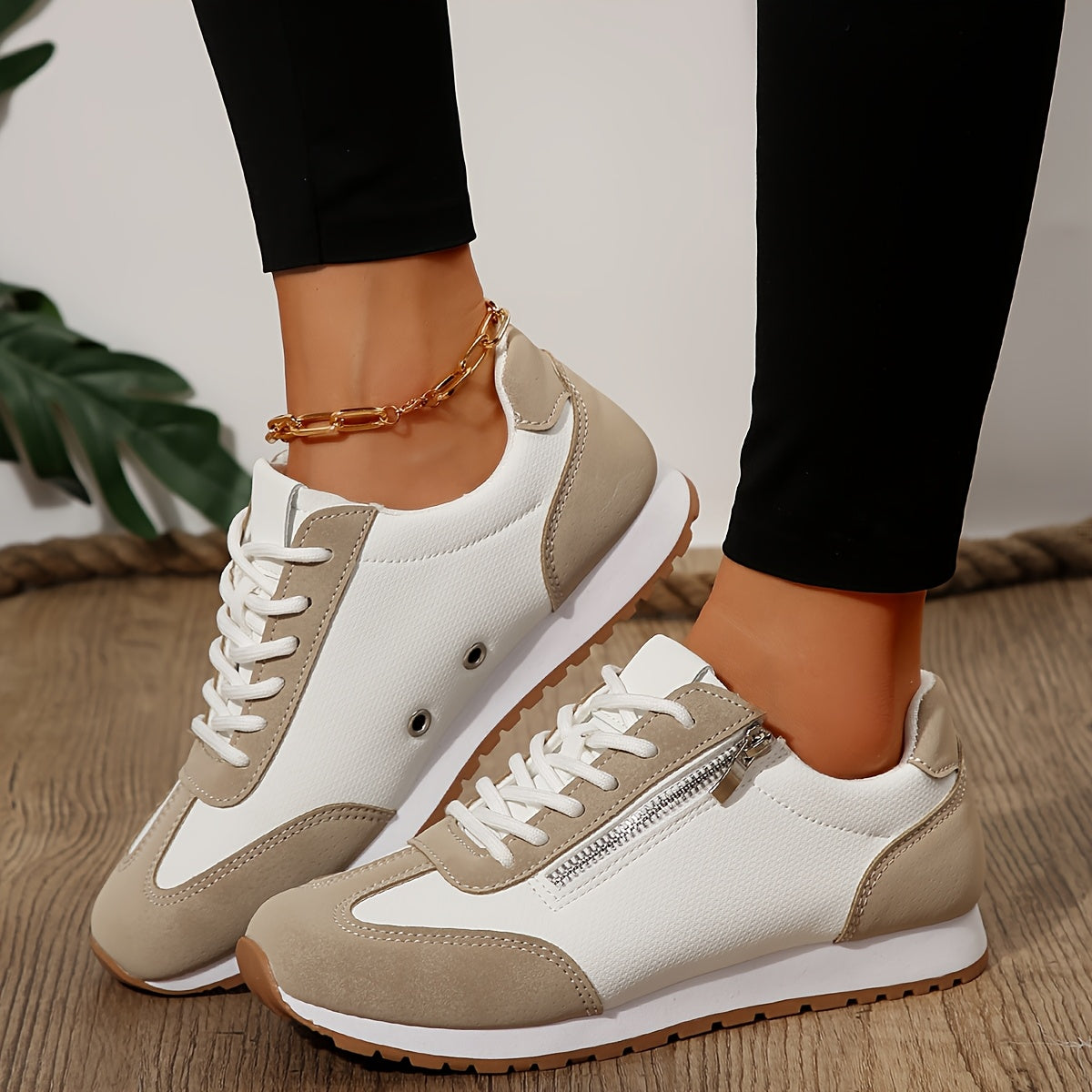Women Apricot White Side Zipper Casual Sport Shoes Breathable Lightweight