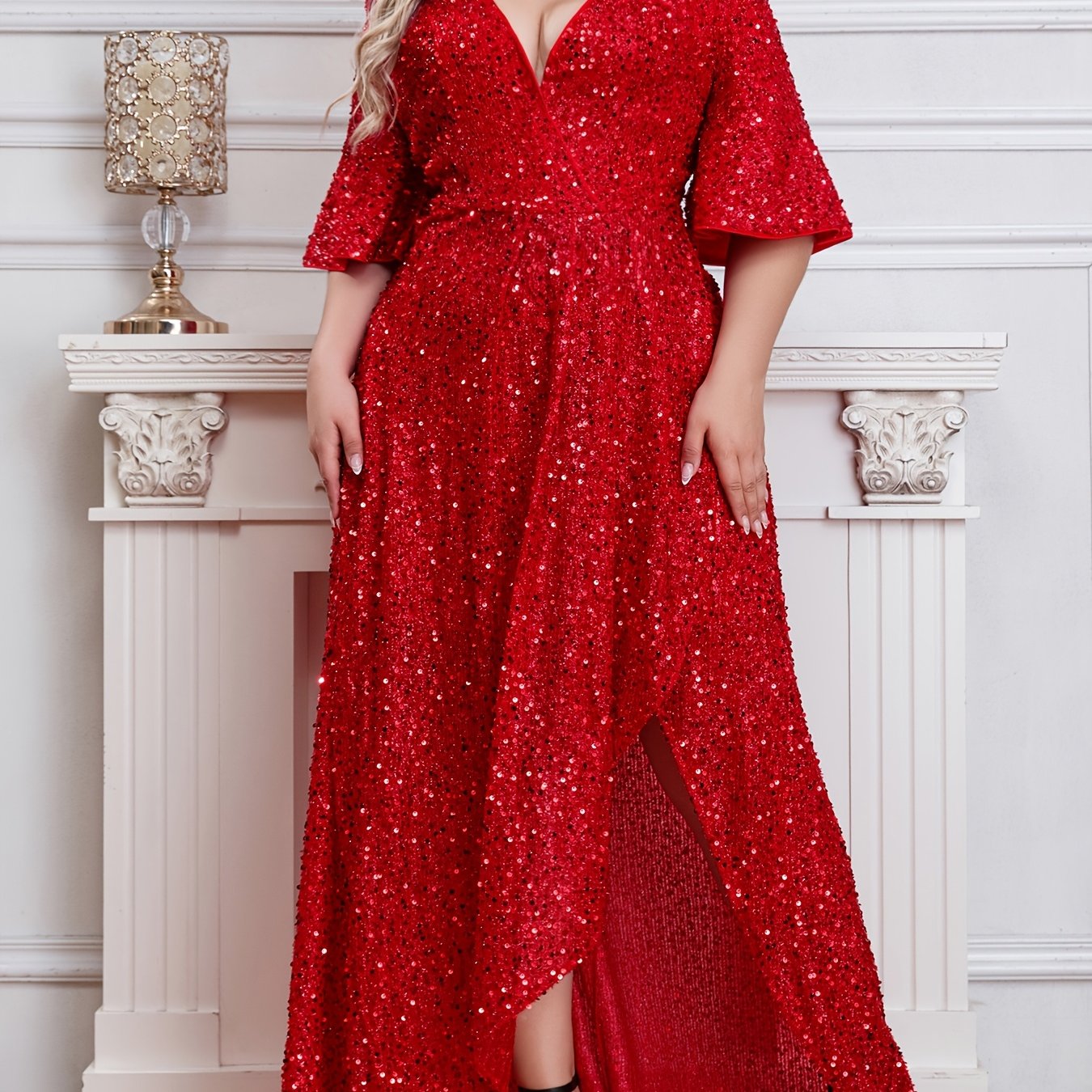 Plus Size Dress Solid Color Beaded Splicing Ruffle Hem