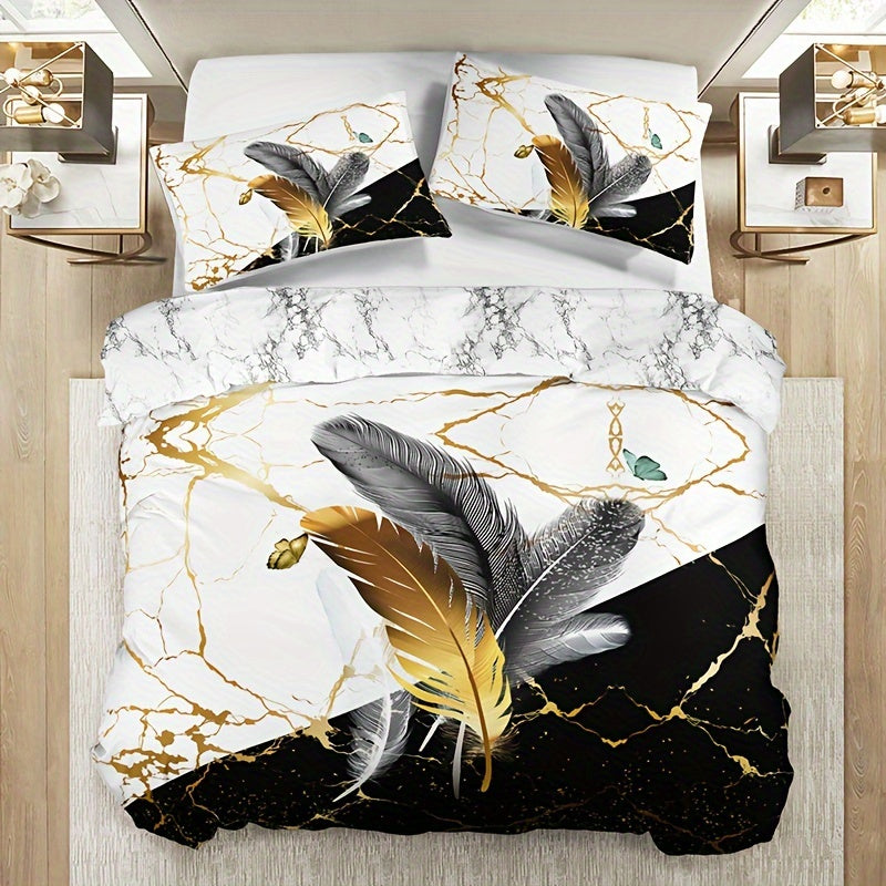 3-Piece Duvet Cover Set Black and White Marble Feather Print Breathable Polyester All-Season
