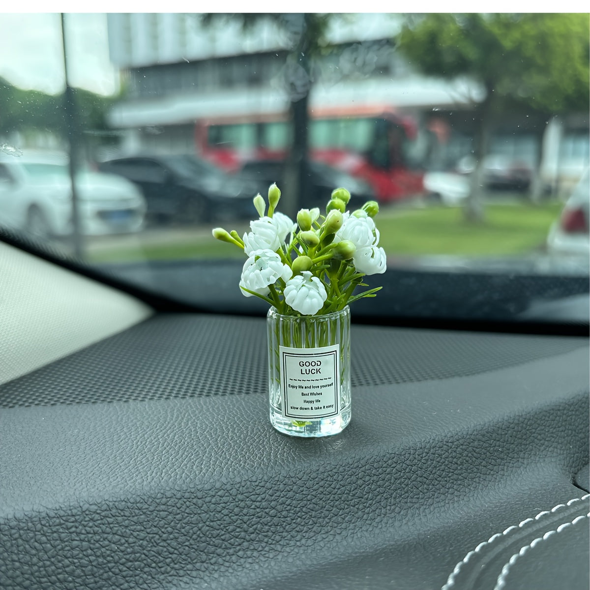 Mini White Flower Arrangement in Glass Vase Car Dashboard Decoration Plastic Ornament