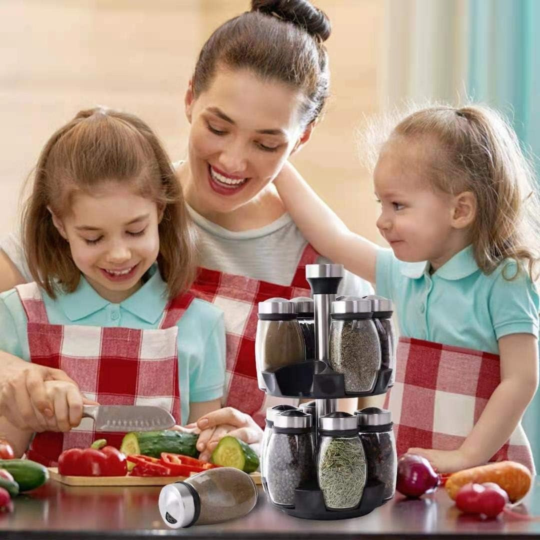 Rotating 12-Jar Spice Rack Organizer with Glass Jars for Kitchen Countertop