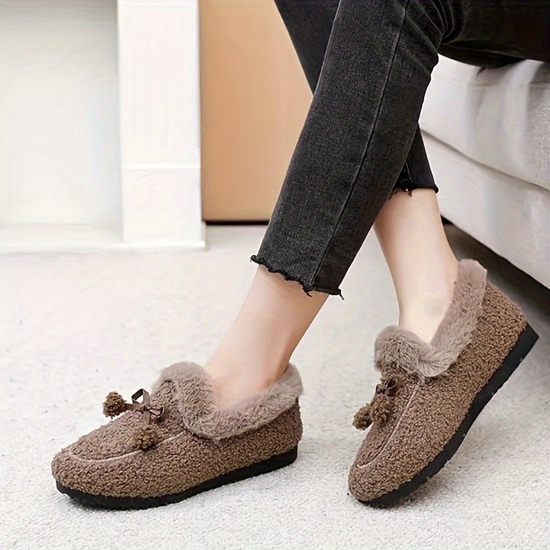 Women's Fleece-Lined Loafers Slip-Ons with Bow, All-Season Comfort