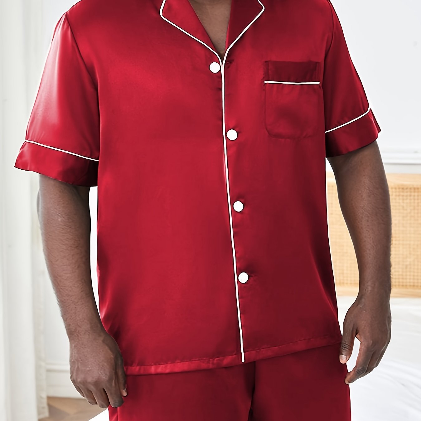 Plus Size Men's 2-Piece V-Neck Pajama Set Polyester Short Sleeve Shirt and Shorts
