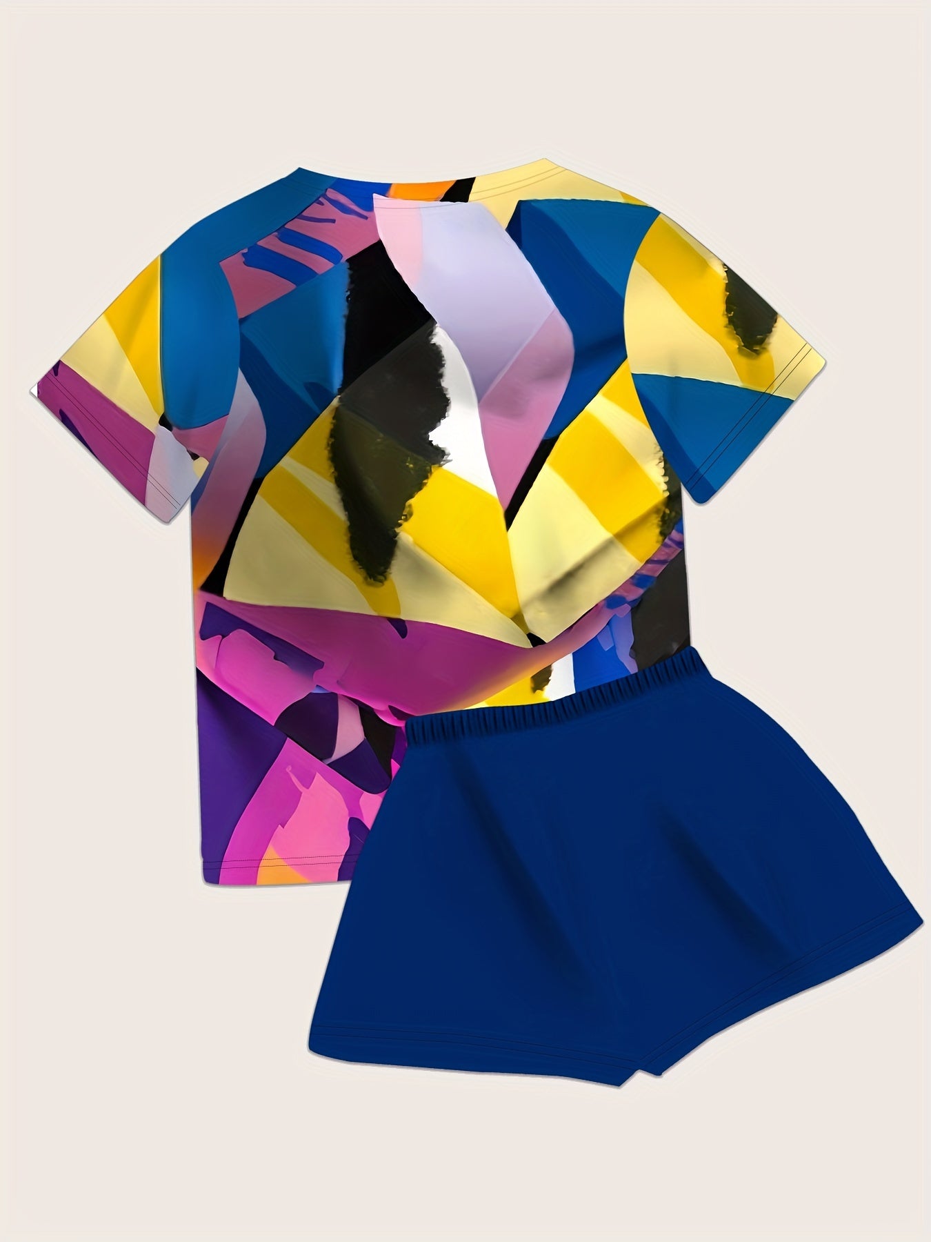 Women's Plus Size Geo Print Lounge Set Short Sleeve Crew Neck Top and Shorts Pajama