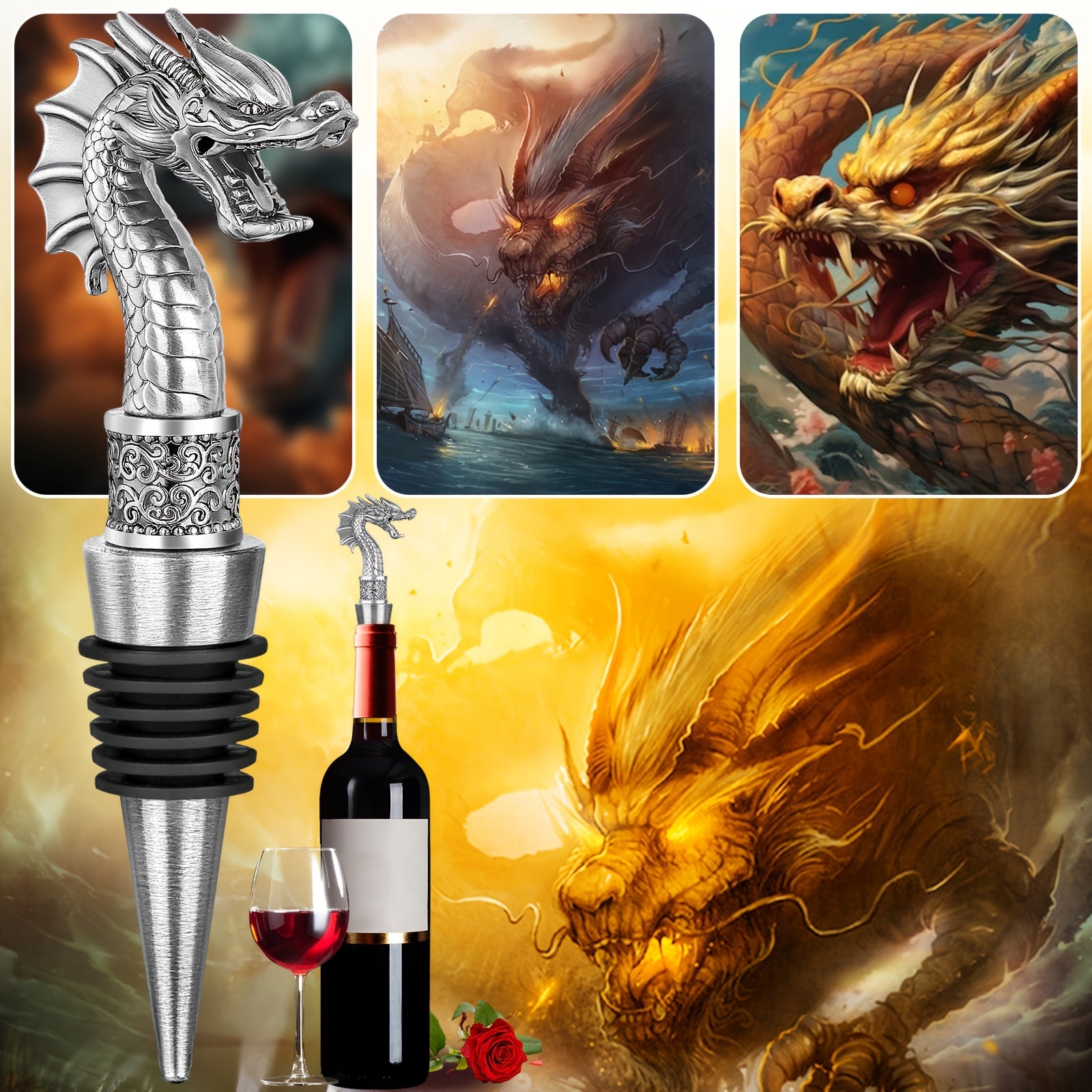 Tapon de vino y abrebotellas de cabeza de dragón para regalos de vino y champán