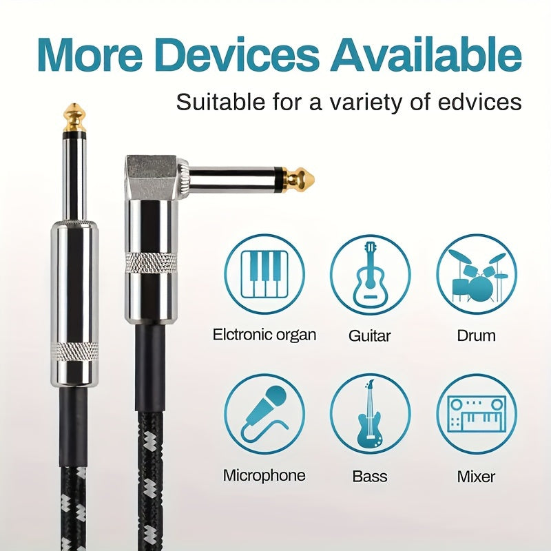 Low-Noise 1/4 Inch Guitar Cable with Right Angle Connectors 3.05m or 6.1m Black