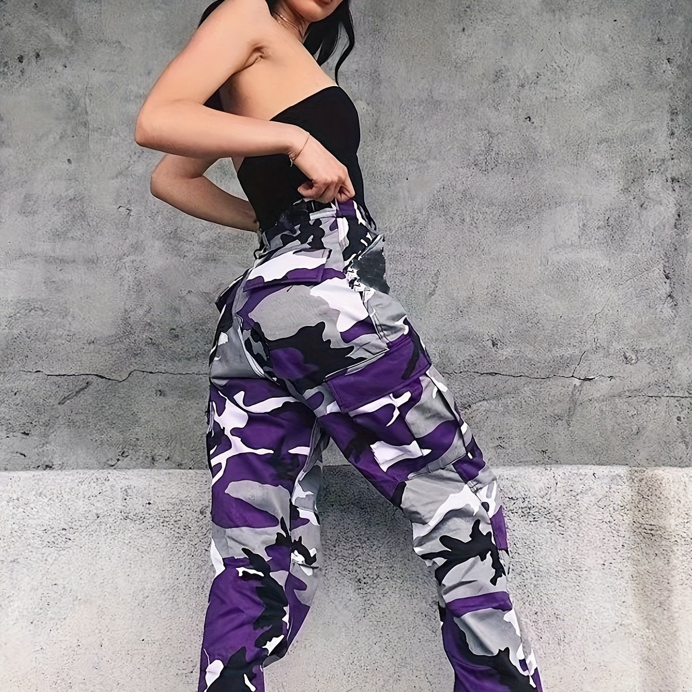 Women's Plus Size Camo Cargo Pants Stretch Denim Street Style Workwear Trousers