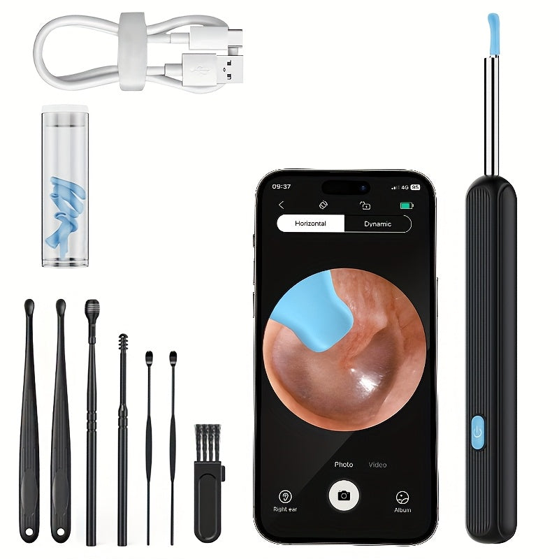 Kamerali va yoritgichli qayta zaryadlanadigan quloq mumini olib tashlash to'plami, 7 dona to'plam, xavfsiz va oson uyda foydalanish, 6 ta qoshiq, litiy batareya, formaldegiddan xoli materiallar