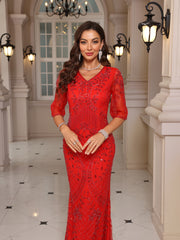 Plus Size Long Sleeve Red Sequin V-Neck Mermaid Dress for Women