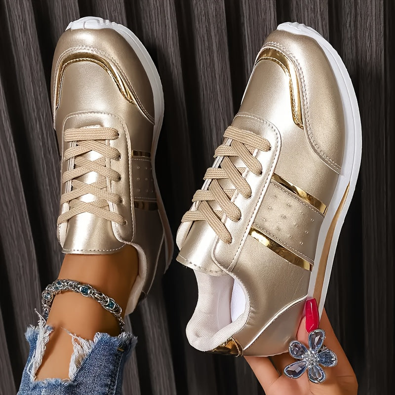 Women's Glitter Stripe Casual Sneakers with Metallic Gold Upper