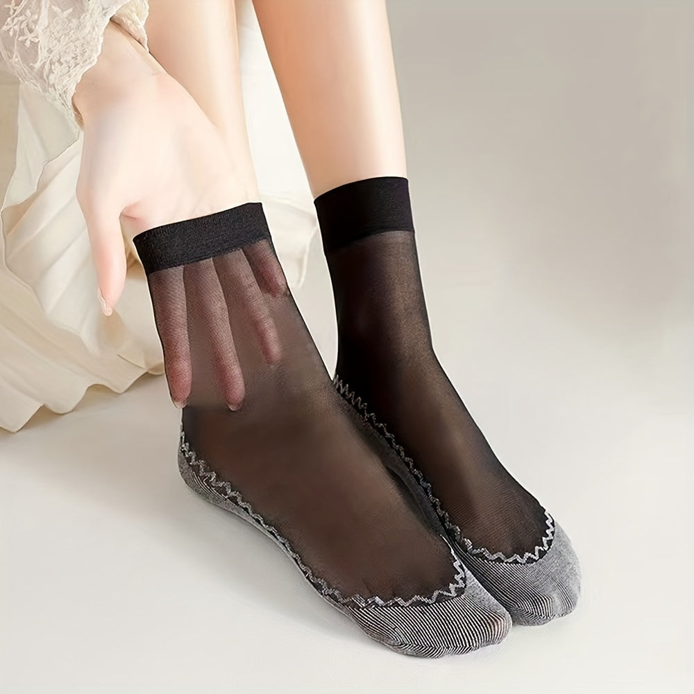 Women’s Knee-High Semi-Sheer Socks 5 Pairs Non-Slip Breathable Polyester