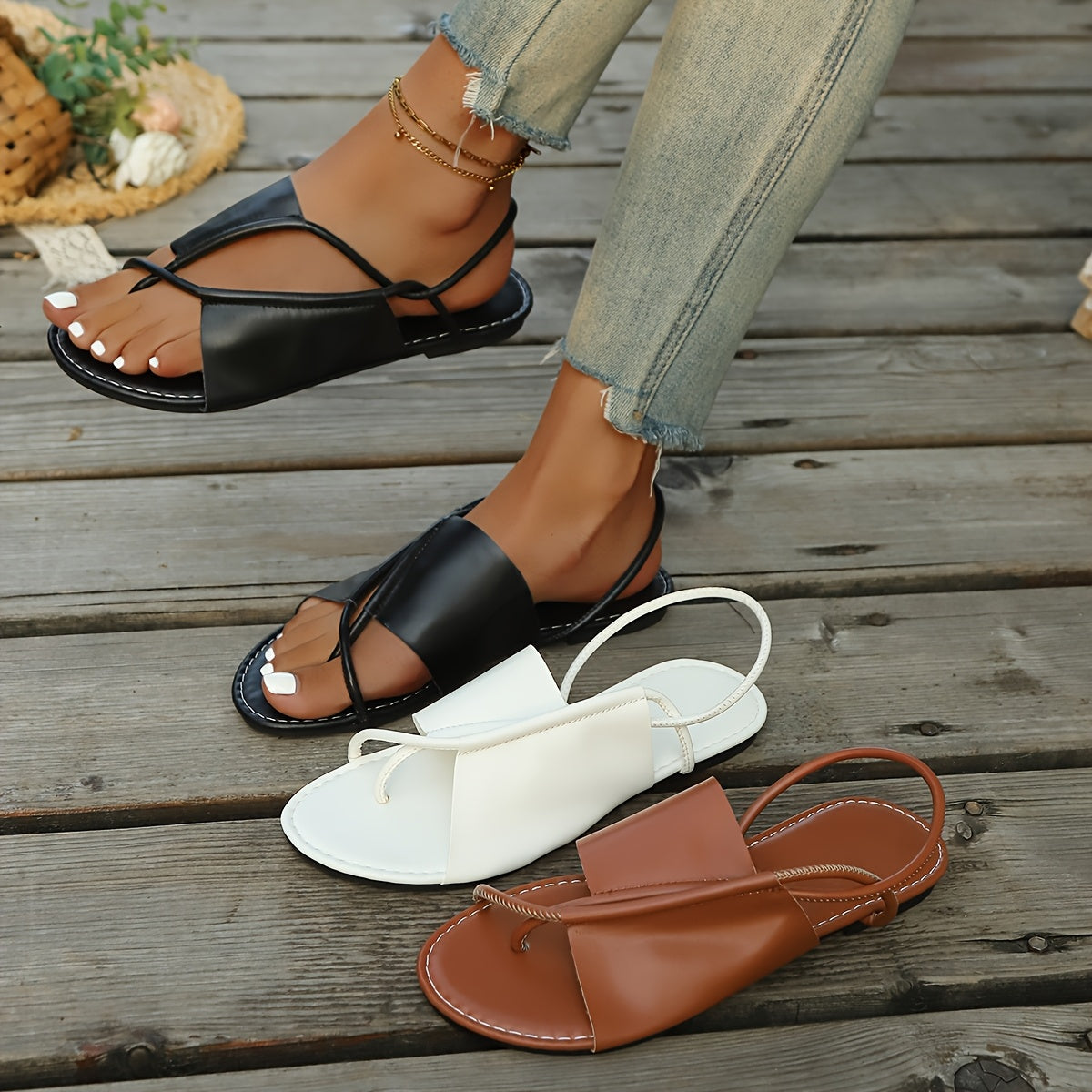 Women's White Flat Sandals Breathable Ankle Strap Casual Summer