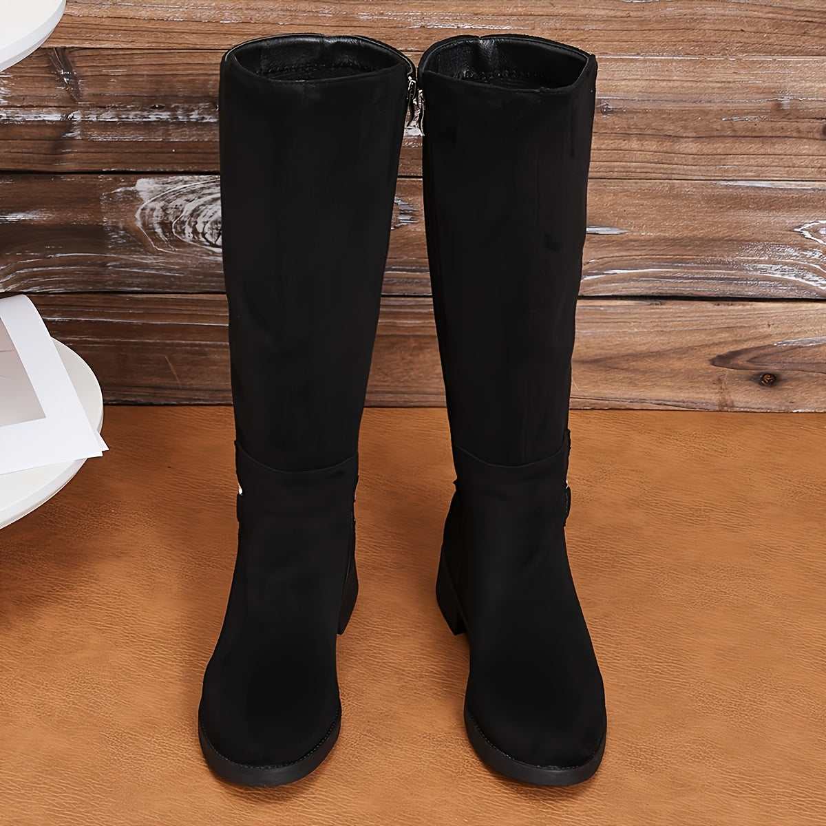 Women's Faux Leather Mid-Calf Boots with Gold Buckle Side Zipper