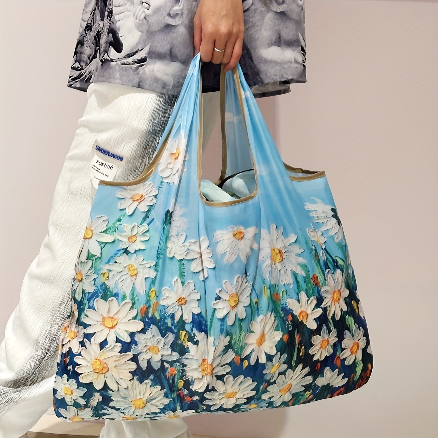 Reusable Foldable Grocery Tote Bag with Flower Oil Painting Pattern and Machine Washable