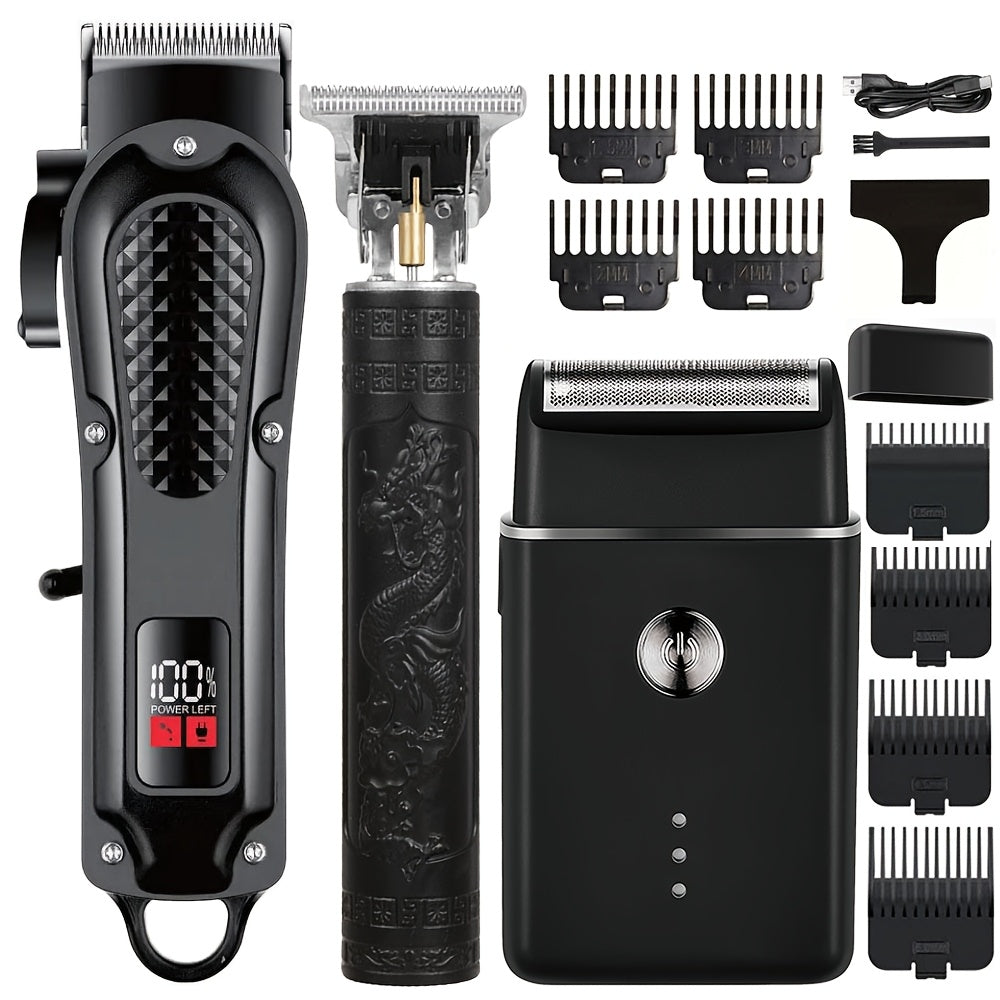 3-piece Men's Grooming Kit with Electric Shaver USB Powered LCD Display Wireless Hair Clipper Perfect Father's Day Gift