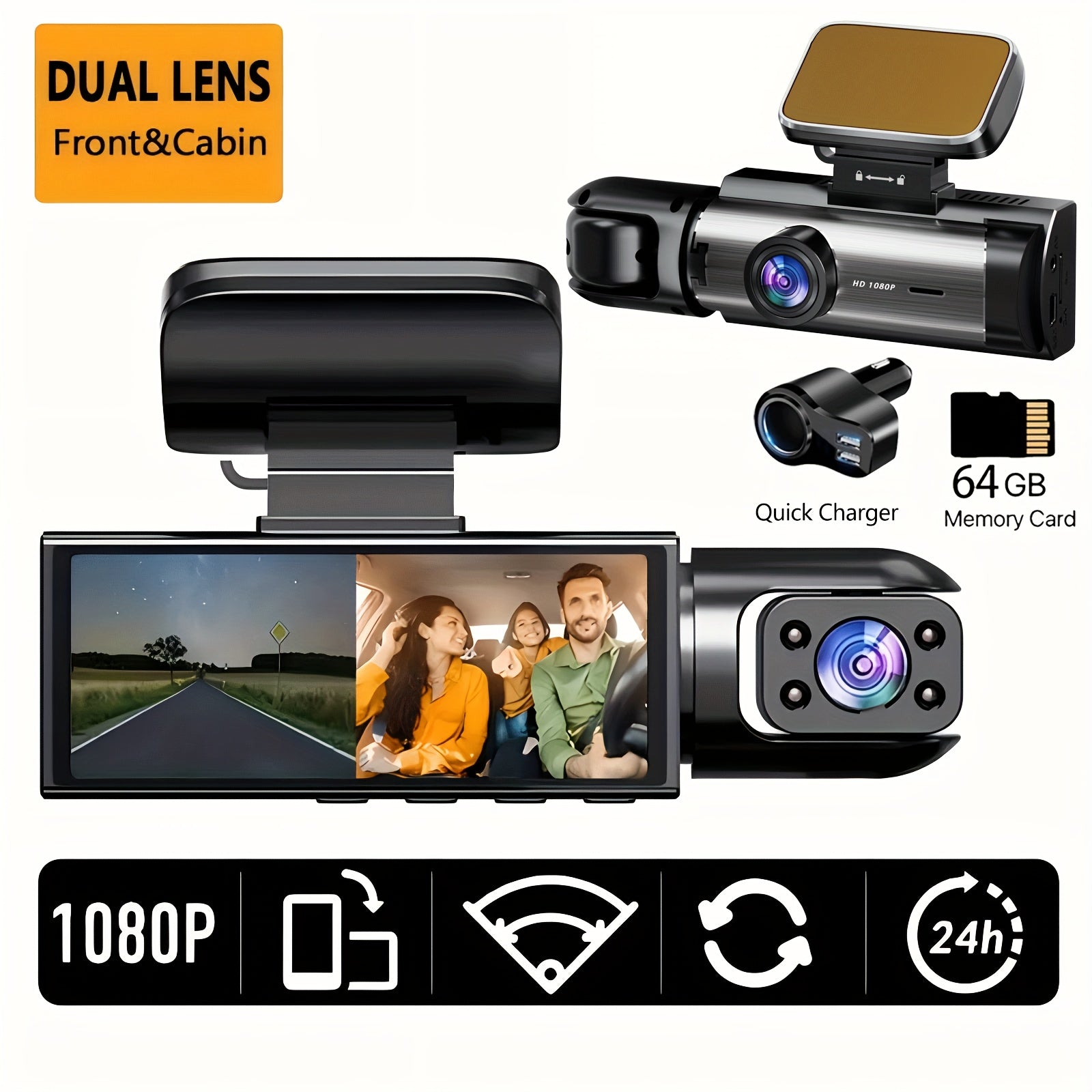 Upgraded Car Dash Camera with 64G Memory Card Night Vision Dual Front Interior Recording