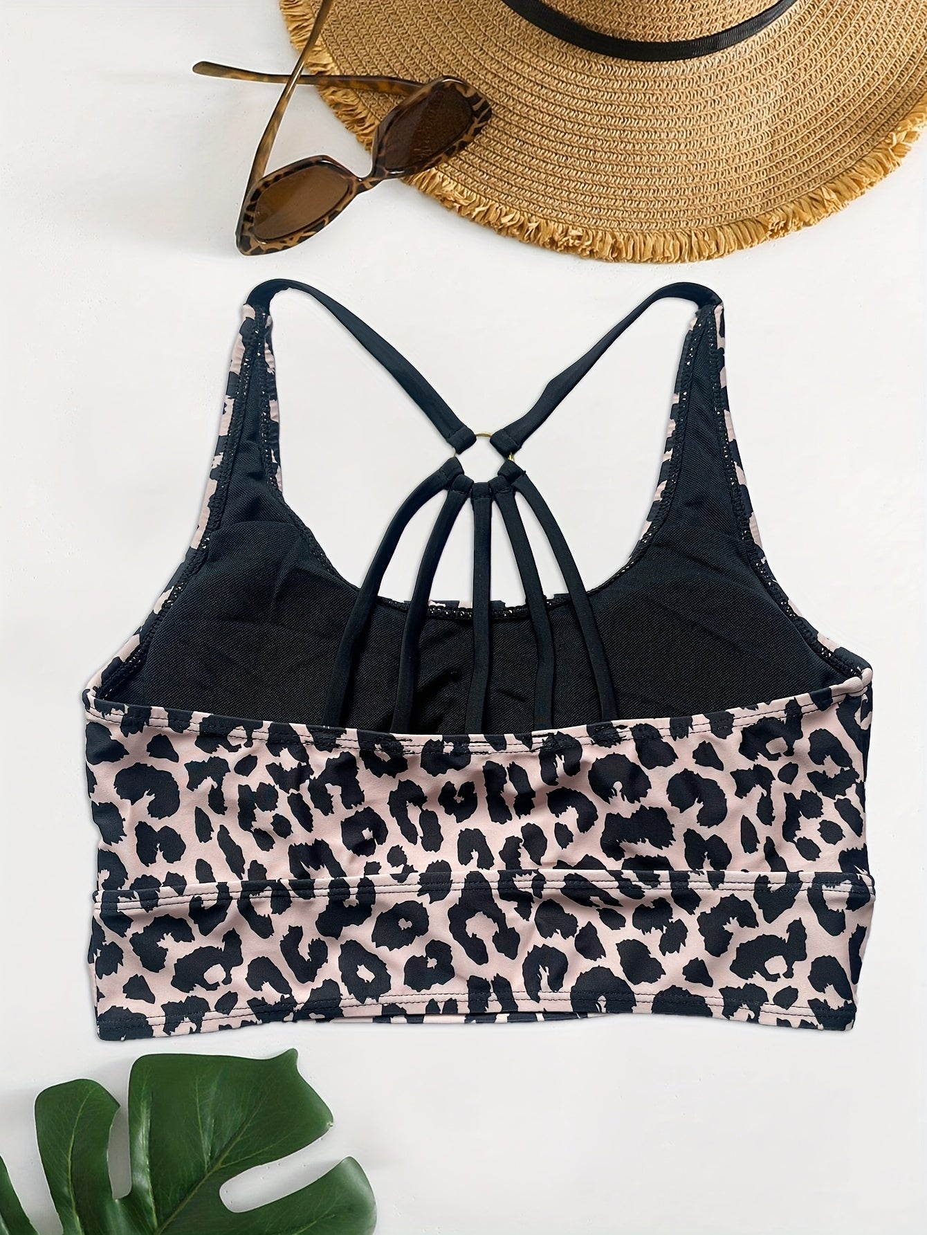 Leopard Print Swim Top with Ring-Linked Back High Stretch Slim Fit Beachwear