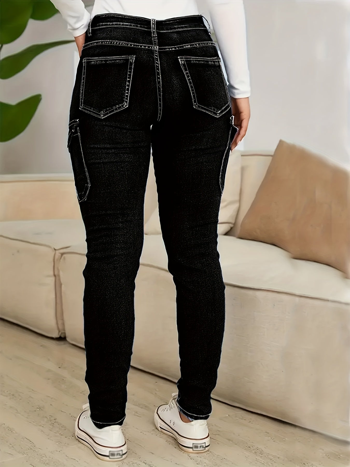 Women's Plus Size Black High-Waisted Stretch Skinny Jeans Cargo Pants
