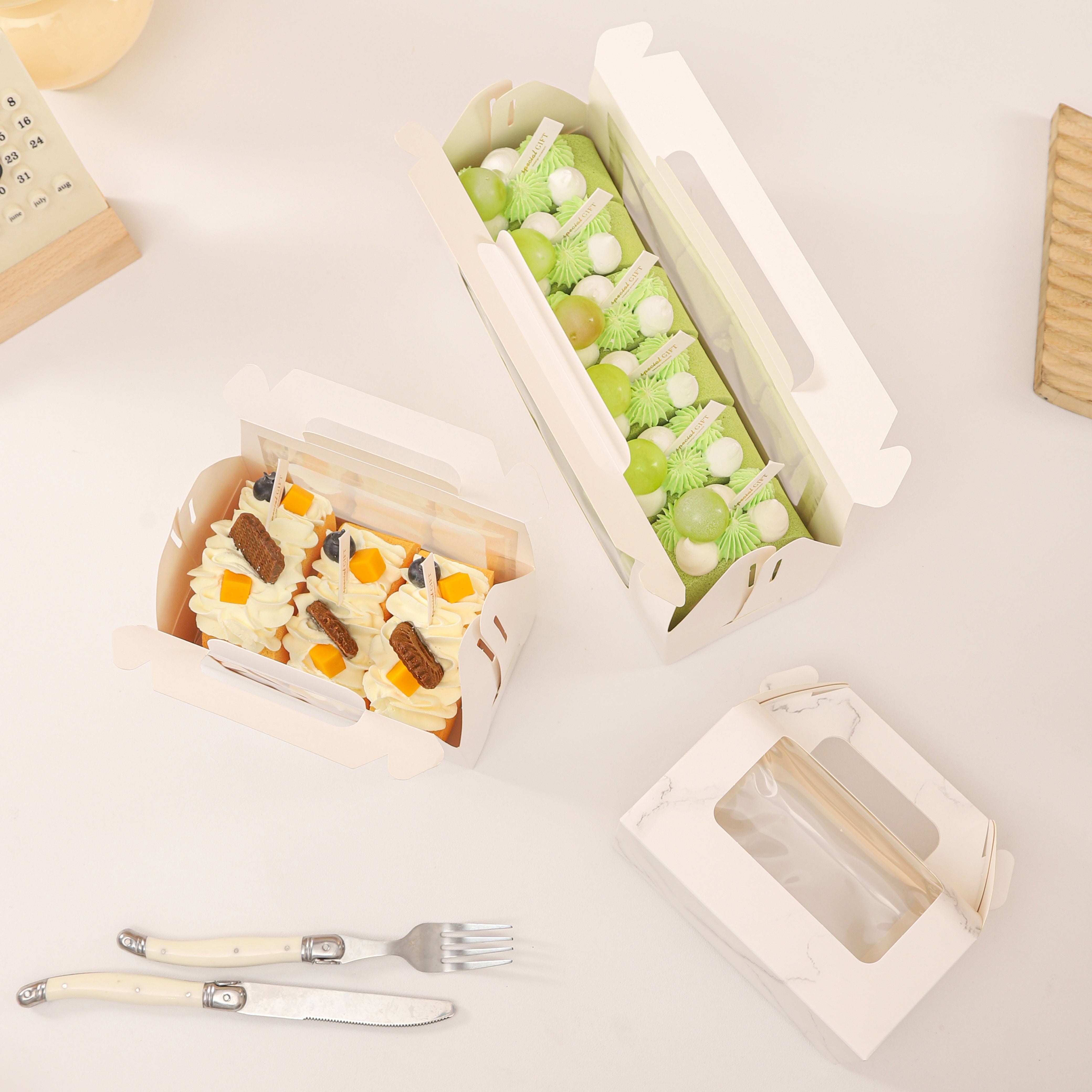 Portable White Cake Boxes with Window, 2 Sizes for Pastries and Cookies