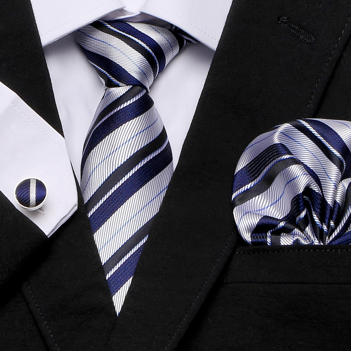 Elegant Paisley Stripe Tie Set with Pocket Square and Cufflinks for Weddings and Formal Events
