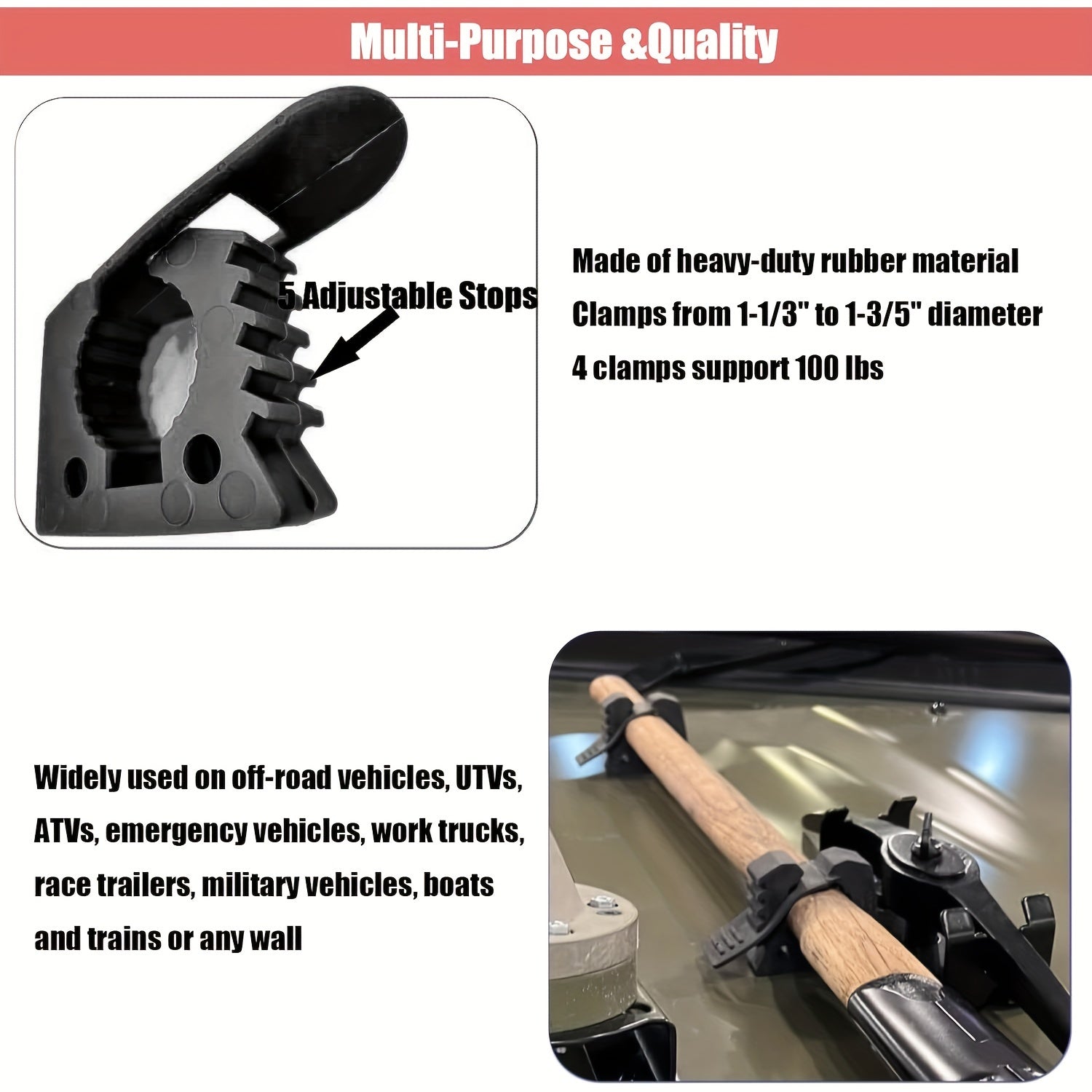 2PCS Black Rubber Clamp Kit for Off-Road Vehicles and UTVs 1-1/2 Inch