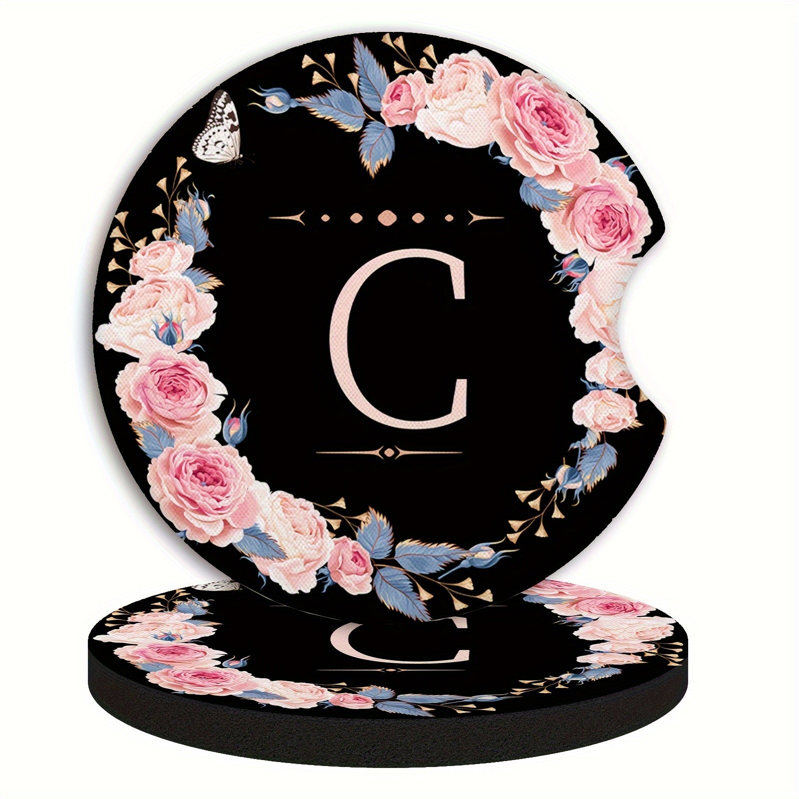 Unisex Rubber Car Coasters 2 Pack Waterproof Floral Monogram Drink Holders
