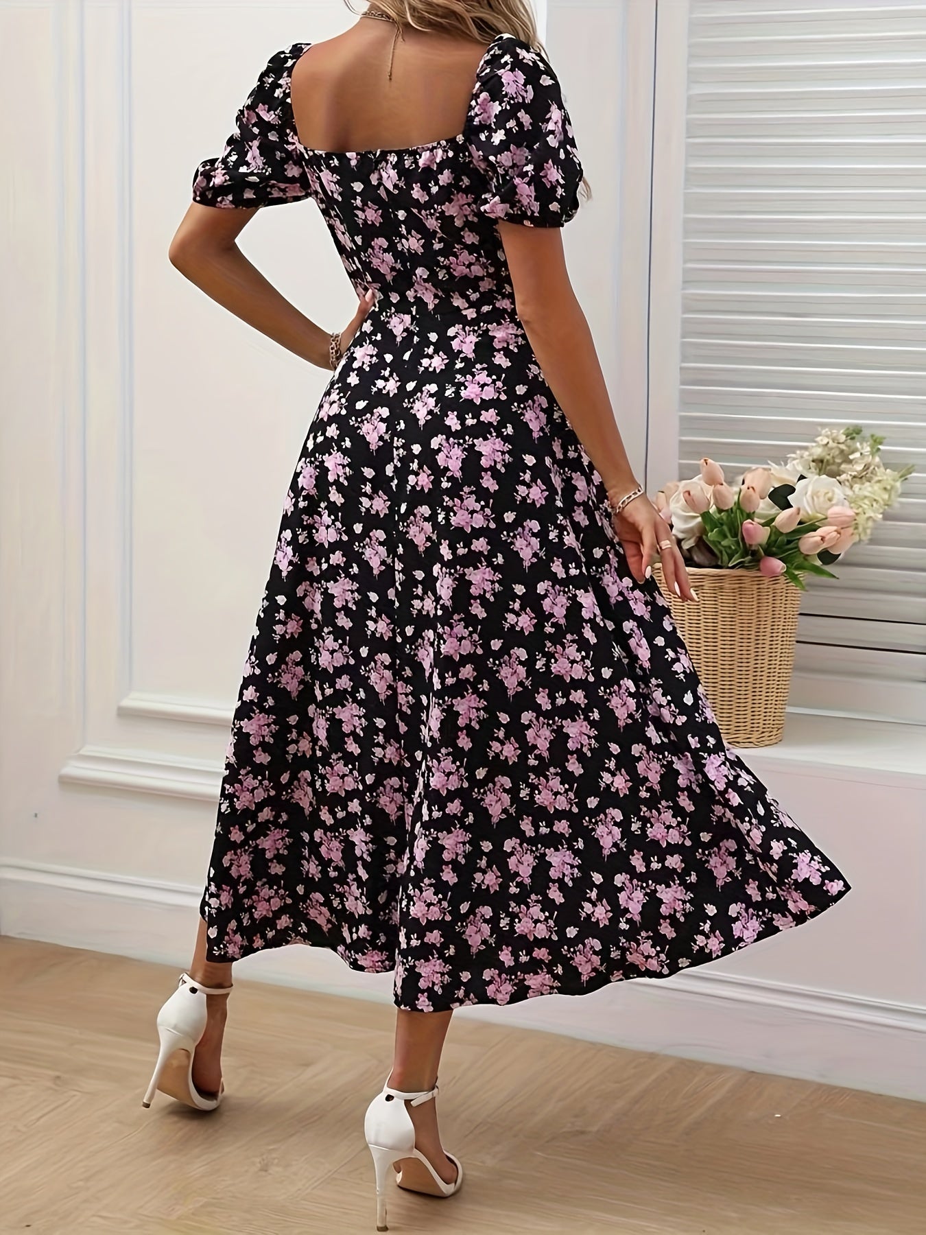 Women's Floral Print Puff Sleeve Dress with Split Hem for Summer