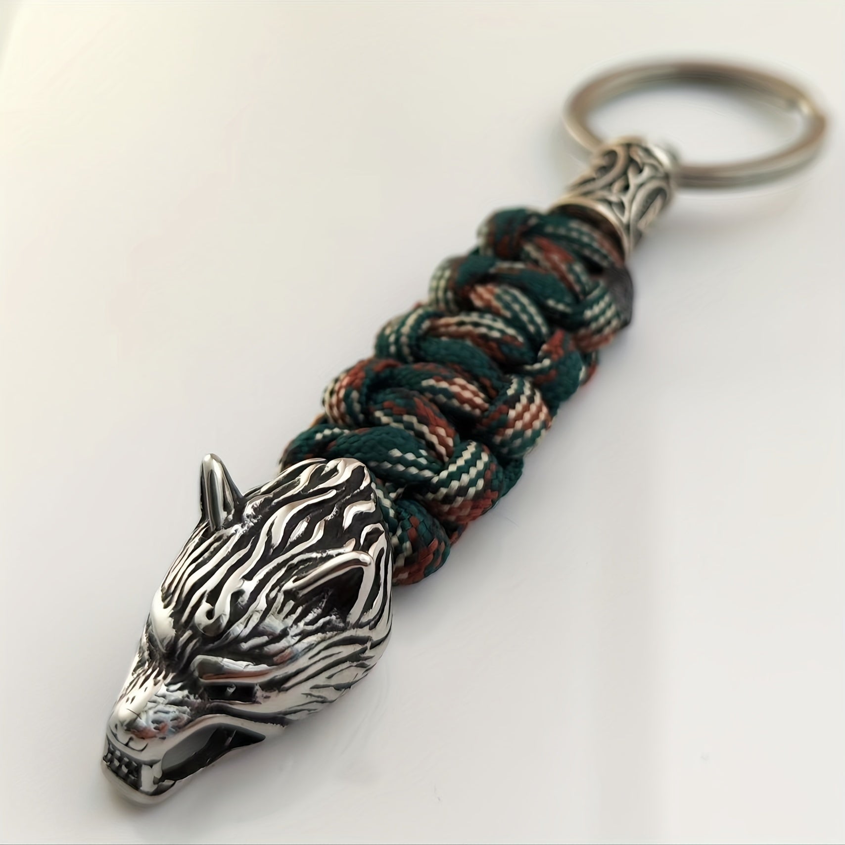 Viking Wolf Head Keychain Stainless Steel Hand-Woven Polyester Sporty Stylish
