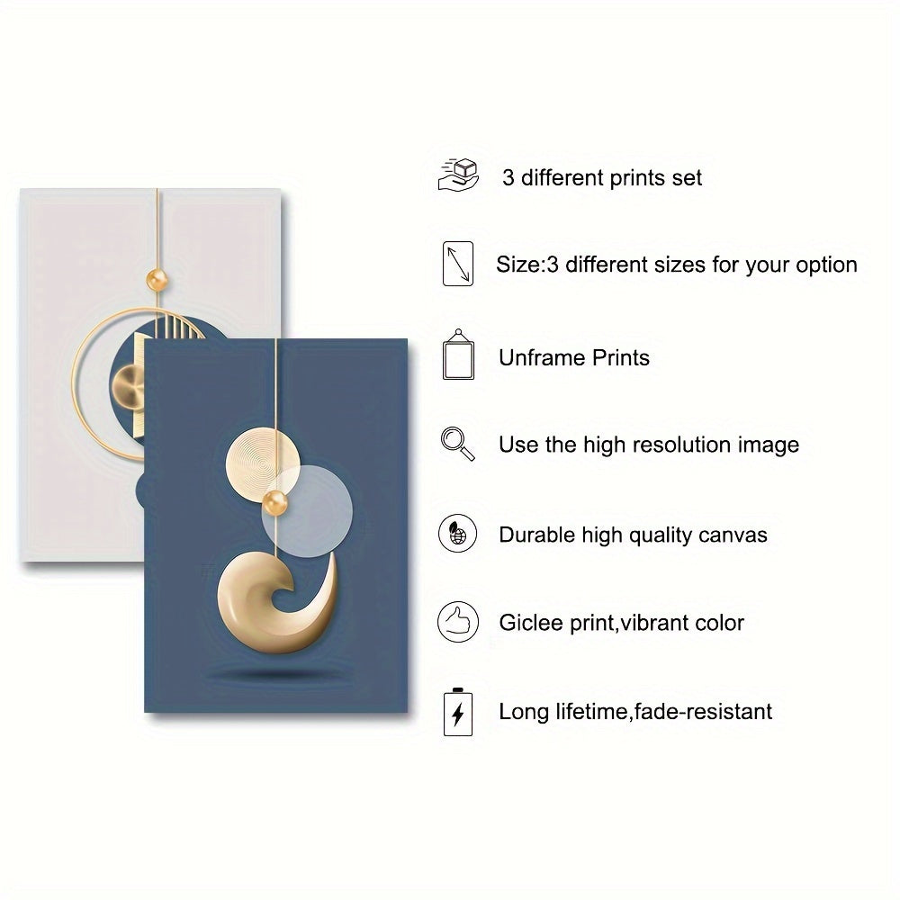 3-chi bo‘lak zamonaviy devor san’ati to‘plami, oltin va ko‘k abstrakt kanvas chop etishlar, yashash xonasi va ofis uchun ramkasiz