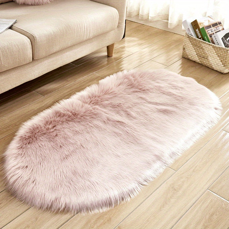 Oval Faux Sheepskin Rug Plush Shaggy Carpet Machine Washable Bedroom Living Room