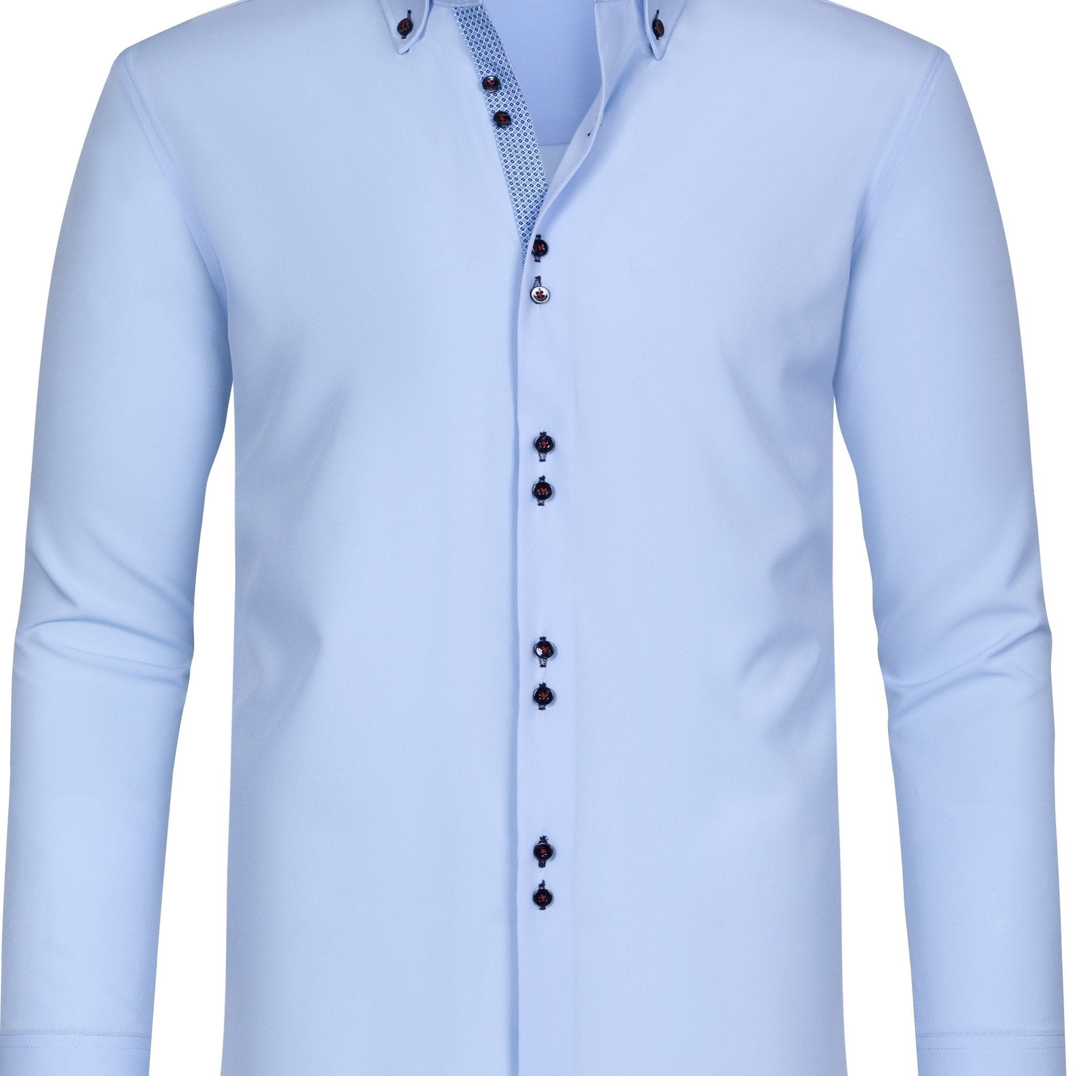 Men's Light Blue Long Sleeve Double Breasted Shirt with Floral Cuffs Polyester Blend