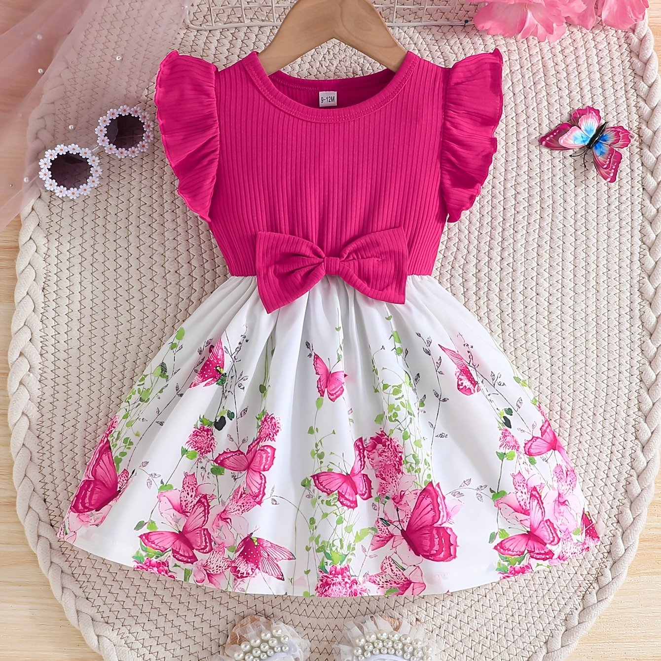 Girls Floral Ruffle Sleeve Dress Polyester Knit Casual Spring Summer Ages 12 and Under