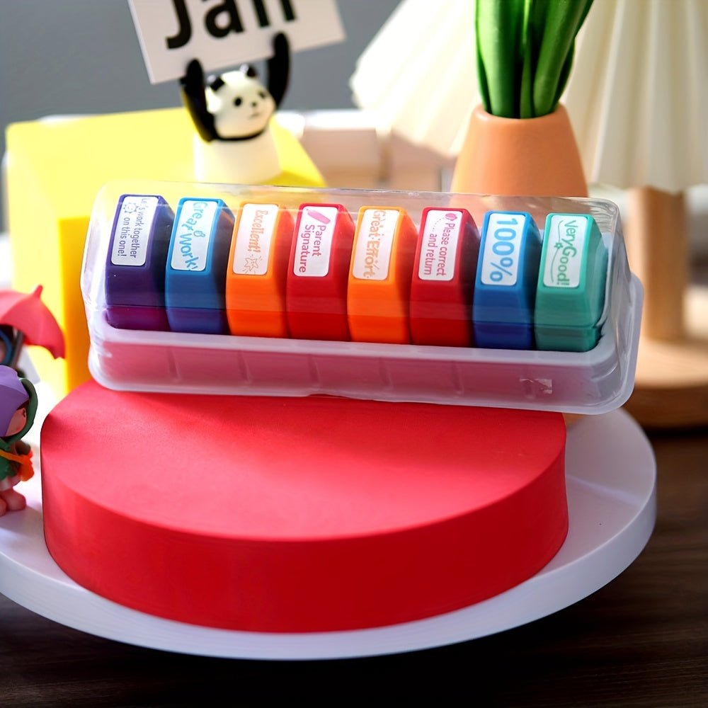Classroom Stamp Set with Storage Tray, 8 Grading and Parent Signature Stamps